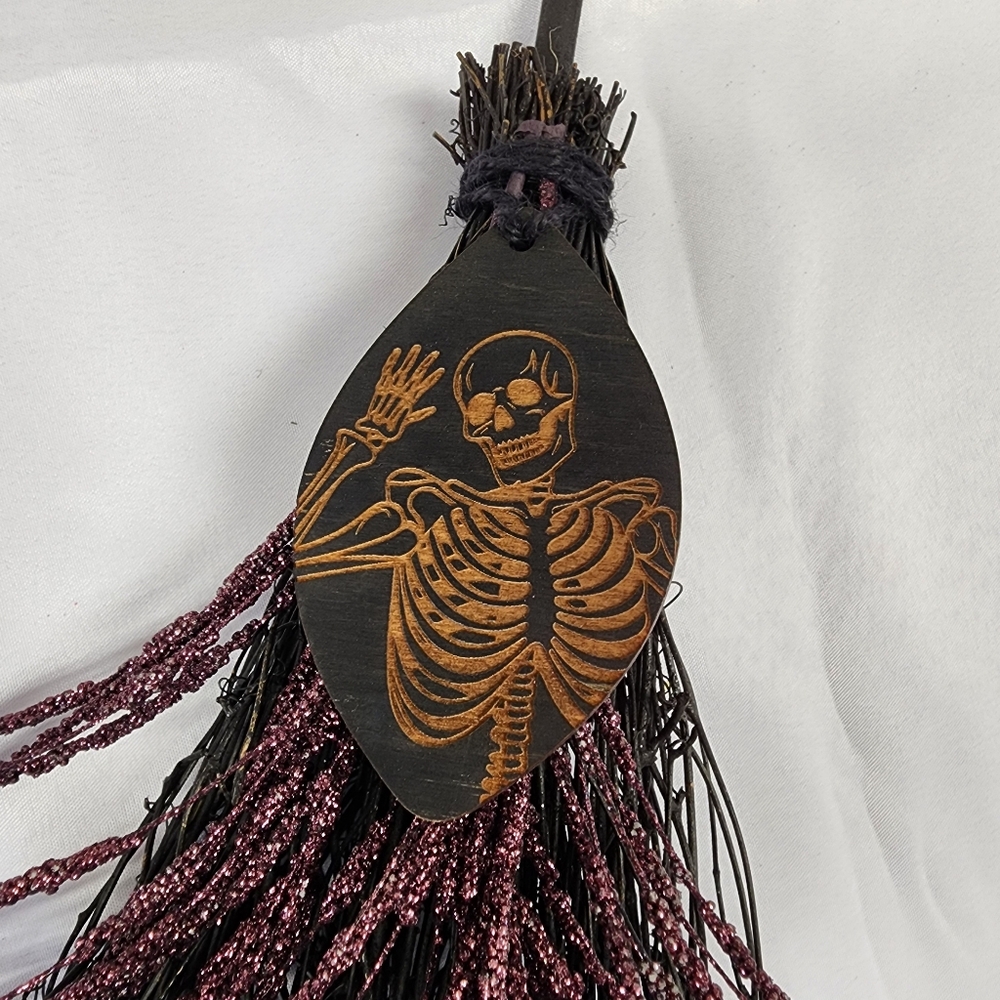 Halloween Witches Broomstick With Skeleton And Purple Glitter Accents - Picture 5 of 5